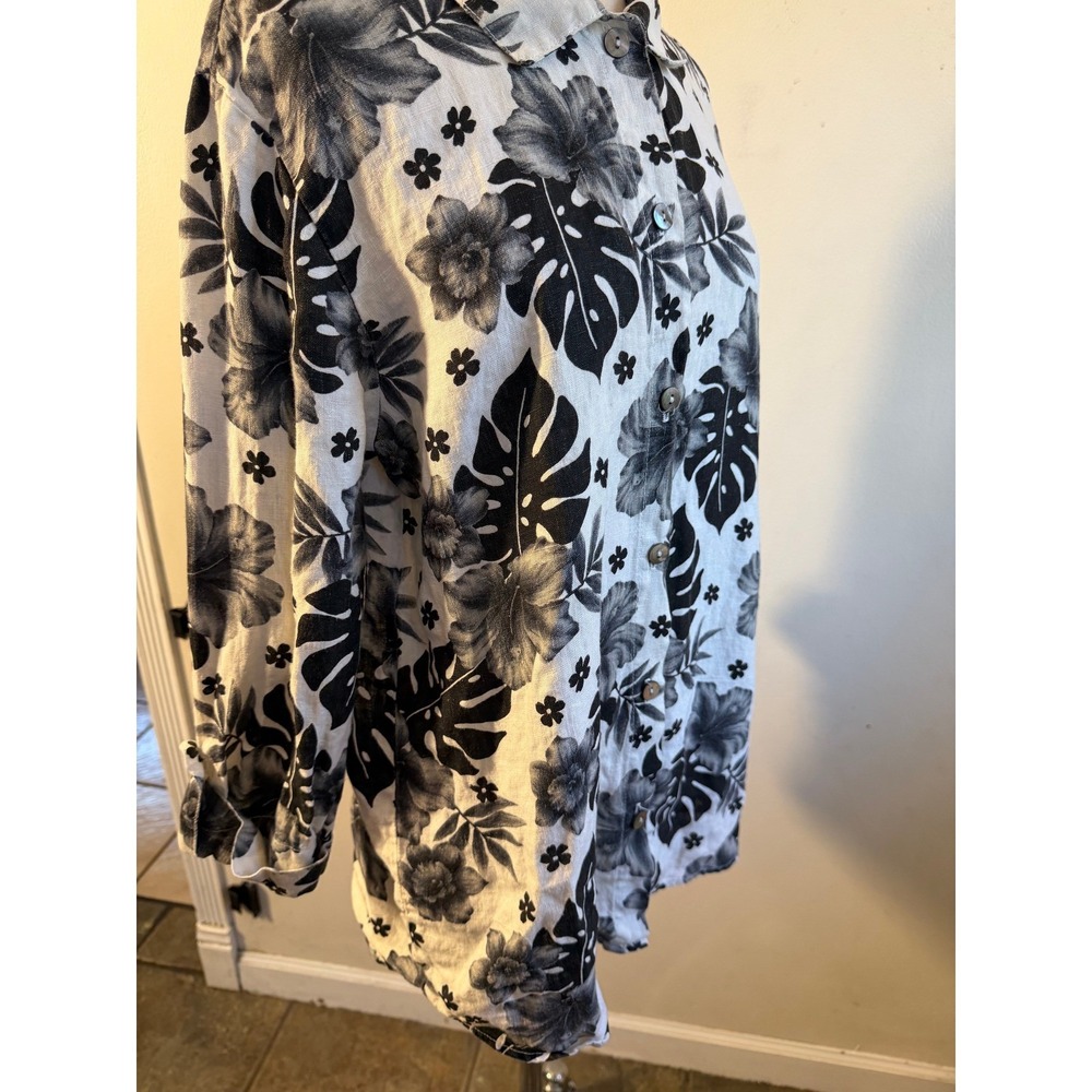 Hot Cotton by Marc Ware 100% Linen Tropical Floral Button Up Shirt Black White M - Picture 5 of 8